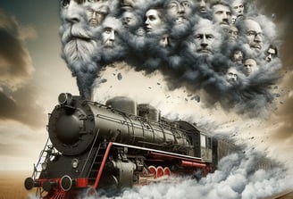 Una locomotora de vapor va a toda velocidad y en el humo que genera hay un montón de rostros de personas diferentes.
