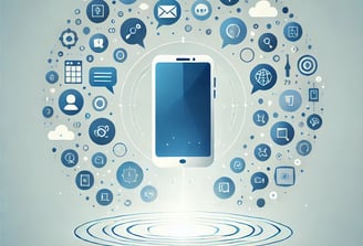 Ilustración que muestra teléfono móvil flotante rodeado por burbujas de diálogo azules que contienen iconos de IA.