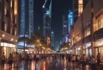 The word 'DUBAI' is illuminated in bright, fiery lights on a hillside, against a dark night sky. The scene has a dramatic and captivating appearance with tents or rooftops visible at the bottom edge of the image.