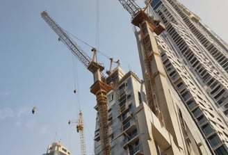 A large crane operates in front of a stacked wall of shipping containers in various colors such as blue, green, and brown. The containers are aligned in a grid pattern, and the crane apparatus is in the foreground, suggesting active loading or unloading operations in a shipping or industrial area.