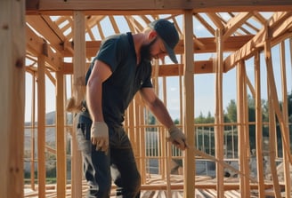 A man is sitting on the ground in a workshop surrounded by stacks of wooden planks. He is focused on his work, holding a piece of wood and a hammer as he constructs or repairs something meticulously. The environment is rustic, filled with wood and tools, suggesting a craft or woodworking setting.