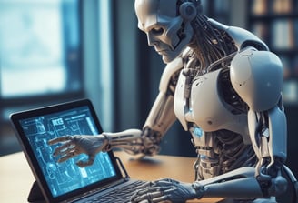 A high-tech suit displayed in a futuristic setting, illuminated by focused lighting. The surroundings include digital screens showing technical data and designs related to the suit. The environment appears to be a lab or exhibit with metallic and technological elements.