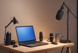 A podcast or recording setup featuring a table with a laptop, a microphone on a stand, a blue coffee mug, and a black bottle. The backdrop is lined with acoustic foam for sound insulation, and there is a large light diffuser on a stand.