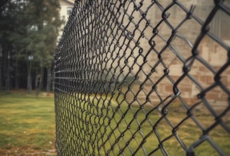 A section of a chain-link fence topped with coiled barbed wire set against a clear blue sky. The wires are shiny and sharp, indicating security or restriction.