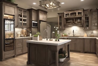a kitchen with a marble counter top and white cabinets