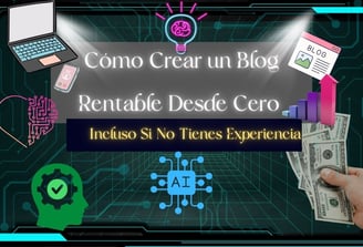 Diseño digital con fondo tecnológico que representa la creación de un blog rentable.