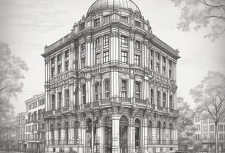 A heritage building with art deco architecture stands prominently at a street corner, featuring red accents and the number 1939 at the top. Modern skyscrapers with unique designs rise in the background, contrasting with the historical charm of the street. Automobiles line the narrow road leading toward the buildings.