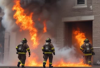 A firefighter stands confidently while wearing full protective gear, including a helmet and reflective striped uniform. He holds a chainsaw in one hand and a hose nozzle over his shoulder. A fire truck with red lights is visible in the background, creating a dramatic scene.