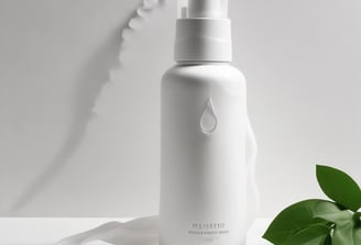 Three white jars of skincare products are arranged on a bathroom counter in front of a mirror. The jars have black text and are labeled as face and body creams with natural ingredients. The background features a faucet and a blurred reflection in the mirror.