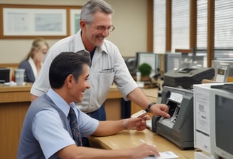 A co-worker showing a new employee how to use an office machine