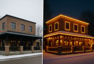 Restaurant before and after Celebright Commercial Christmas lights by TorontoGlow in the GTA.