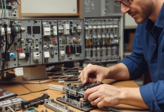 A vintage control panel with teal panels and a rotary dial telephone mounted on it. The setup includes various switches and levers, and there is a sign with instructions. In the background, a fire extinguisher is visible against a white wall.