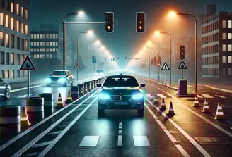 a car driving down a street with traffic lights on