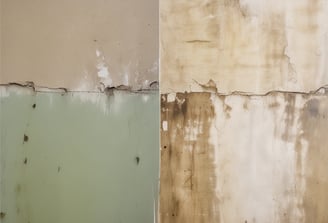 Three workers are painting the exterior of a building with a weathered wooden facade in a light mint green color. They are wearing white uniforms with logos on the back. The building has large white script letters spelling out 'Bar & Grill.' A ladder is leaning against the wall, and the sign appears to be in the process of being refurbished.