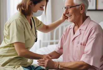A healthcare worker wearing blue gloves is administering a vaccine to an elderly man. The scene focuses on the arm of the person receiving the injection and the hands of the healthcare worker handling the syringe.
