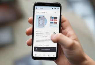 A close-up view of a smartphone displaying a financial app with a graph and numerical data, held by a hand. The screen shows the brand 'Wealthsimple'. Above it is part of a laptop keyboard with keys visible. The background consists of a wooden surface.