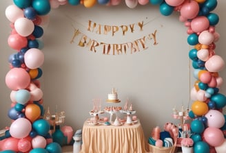 A cozy room decorated for a birthday celebration with wooden paneling and hanging lights. Vines decorate the ceiling and a 'Happy Birthday' banner is prominently displayed with colorful balloons. There are plush seating arrangements and small potted plants add a touch of greenery.