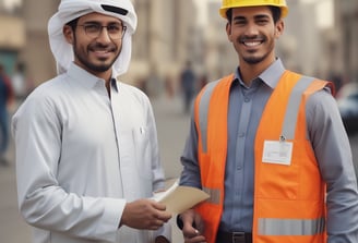 A person wearing a bright red industrial jacket with reflective stripes and a white safety helmet. They are holding a book titled 'Occupational Safety and Health Act' against a plain blue background. The person is smiling and the jacket has a logo on the chest.