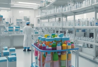 An indoor market scene with numerous jars and containers filled with various dried herbs, spices, and medicinal ingredients. Signs with Chinese characters are displayed above and around the shelves. The area appears organized, with plastic containers on lower shelves and glass jars on higher shelves.