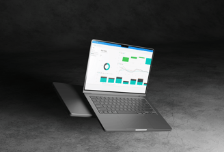 BI Portal dashboard displaying data insights and performance metrics on a laptop screen.