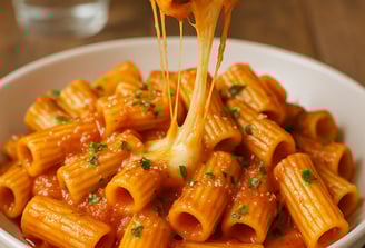 Rigatoni al sugo di pomodoro con formaggio filante, un primo piatto cremoso e saporito