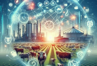 muestra una representación futurista de la agricultura, con ganado en primer plano