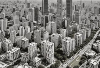 Aerial view of a sprawling urban development with a mix of commercial and residential buildings. Central open space with a circular design, surrounded by brick facades and multiple streets with cars and greenery. Highway visible in the distance along with a dense tree line.