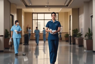 A large, modern building with blue-tinted glass windows and light-colored walls, surrounded by a landscaped area with trees and bushes. There is construction equipment, including a crane, in the foreground, indicating ongoing work.