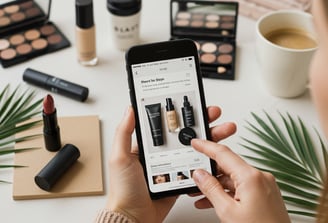 A woman shopping online for cosmetics