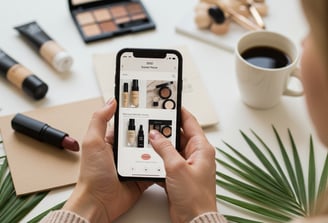 a woman holding a phone with a cup of coffee and makeup products