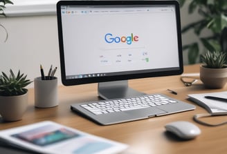 A smartphone displaying a social media profile is placed on a wooden table next to a laptop. The profile includes a picture, name, and details about a creator and photographer. The blue and white interface is visible on the phone screen.