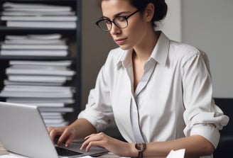 A professional consultation setting with a medical professional sitting at a desk facing a client. The room has a modern aesthetic with white walls decorated with framed certificates. The desk is organized with office supplies, a laptop, and a fruit bowl in the center.