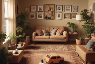 A person is tidying up a living room, holding a container of colorful toy blocks while picking up a toy car from a couch. The room has beige couches, patterned cushions, framed photos on the wall, and a toy dollhouse in the corner. The floor is covered with a geometric-patterned rug.