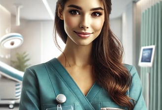 a woman in a green scrub suit and a nurse