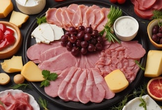 a plate of food with cheese, crackers, and crackers
