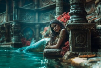 Sultry Mermaid lounging on the ledge of a grotto pool