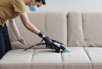 A person wearing a maroon suit is leaning back while vacuuming a rug in a neatly arranged room. The room features large windows with black frames, a plant, and various pieces of furniture such as a yellow armchair and a brown sofa. The walls are adorned with framed pictures and artwork.