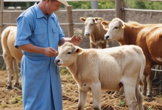 A rustic village setting features traditional mud-brick houses with thatched roofs, and livestock such as cows grazing in the foreground. Large bundles of corn are stacked on wooden structures, and a person is tending to the animals under a clear blue sky.