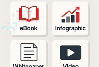 Four download option cards on light gray: a red open-book icon labeled ‘eBook,’ a red-and-gray bar.