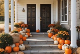 A warmly lit porch decorated for autumn with pumpkins, string lights, and vibrant foliage in shades of red, orange, and yellow. A pair of yellow rain boots is used creatively as a planter for the fall leaves. The scene is adorned with roses climbing on the railing, enhancing the festive and cozy atmosphere.