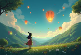 A Ghibli-style scene with a magical landscape