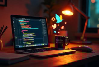 A laptop with codes and a mug text written publish website