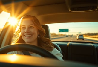 Mulher jovem, sorrindo, dirigindo, com o sol por detrás