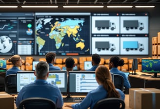 a group of people in a room with multiple monitors