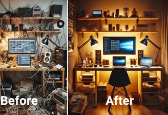 Before and after cable management at computer desk. PC cleanup and tidy tech help in Cedar Rapids.
