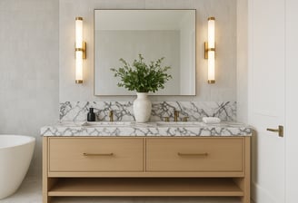 Custom double-sink vanity with marble top, wood cabinetry, and brass fixtures in London, Ontario.