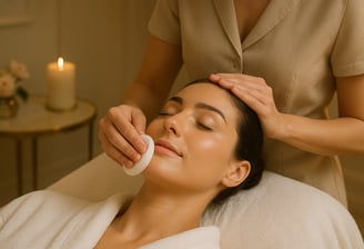 Uma mulher elegante recebendo um tratamento facial relaxante em um SPA de luxo. Sua pele é luminosa,