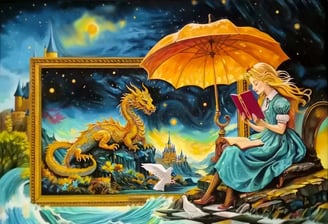 a woman sitting on a chair with a book and an umbrella, Fantasy by Henri Tavares