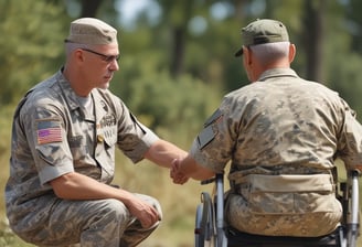 A person is wearing a military uniform with several medals attached to the chest. The background consists of light-colored horizontal panels.