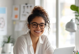 Emprendedora joven sonriente trabajando en laptop, representa productividad y liderazgo femenino en negocio digital en casa.